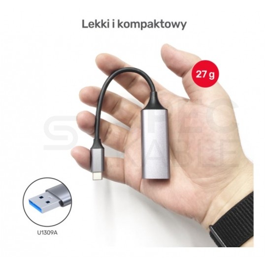 UNITEK Adapter sieciowy USB 3.1 A / Gigabit Ethernet RJ45 [8p8c] (wtyk / gniazdo) srebrny 12cm