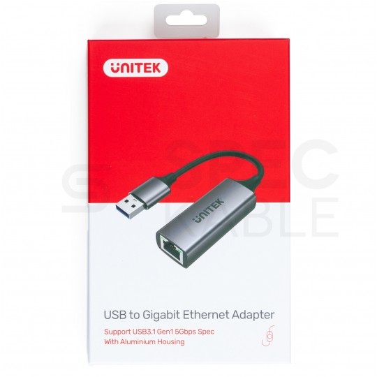 UNITEK Adapter sieciowy USB 3.1 A / Gigabit Ethernet RJ45 [8p8c] (wtyk / gniazdo) srebrny 12cm