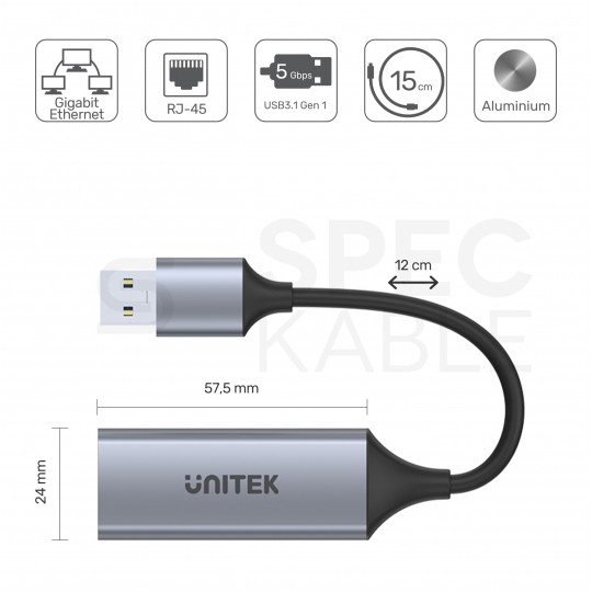 UNITEK Adapter sieciowy USB 3.1 A / Gigabit Ethernet RJ45 [8p8c] (wtyk / gniazdo) srebrny 12cm