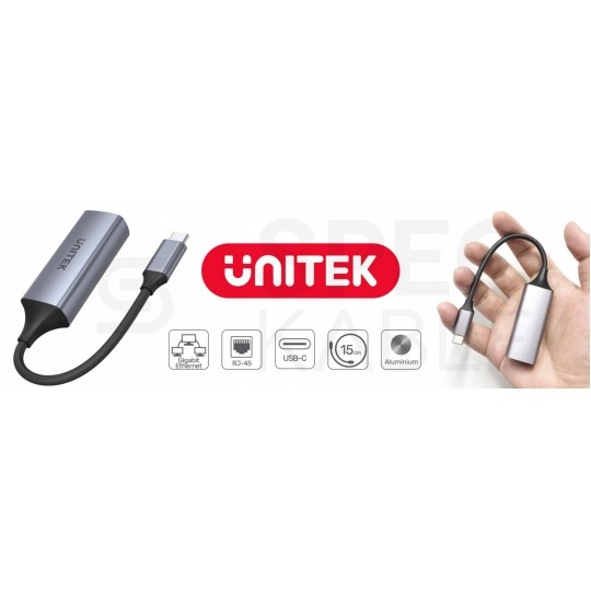 UNITEK Adapter sieciowy USB 3.1 typ-C / Gigabit Ethernet RJ45 [8p8c] (wtyk / gniazdo) srebrny 12cm
