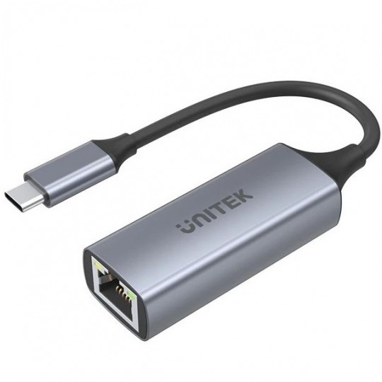 UNITEK Adapter sieciowy USB 3.1 typ-C / Gigabit Ethernet RJ45 [8p8c] (wtyk / gniazdo) srebrny 12cm