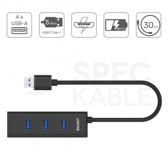 UNITEK Hub USB 3.0 A aktywny (BC1.2) na 4 porty USB A + gniazdo USB micro-B do zasilania czarny na kablu 0,3m
