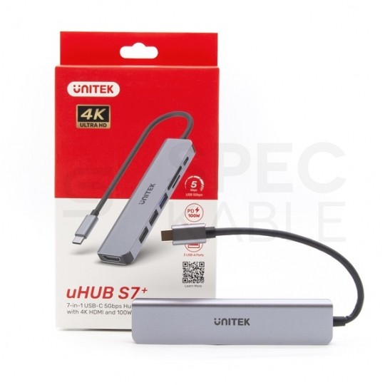UNITEK Hub USB-C aluminium 7w1 czarny 0,15m