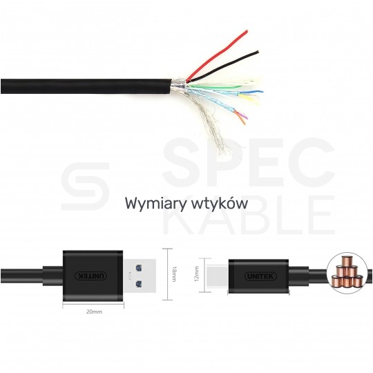 UNITEK Kabel USB 2.0 typ-C (wtyk / wtyk) QuickCharge 2.0 czarny 1,5m