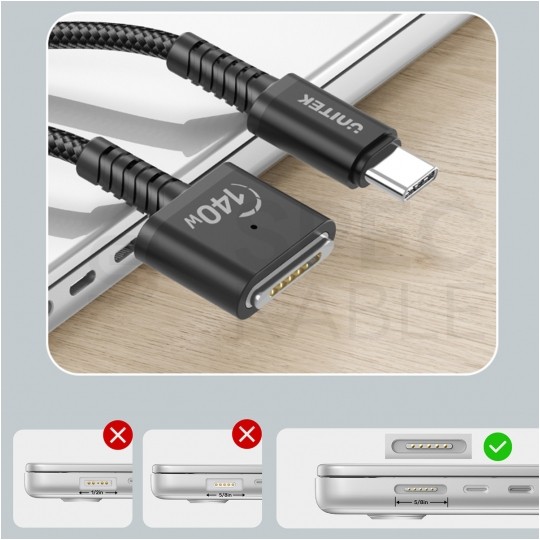 UNITEK Kabel zasilający USB-C - MagSafe3 140W PD do laptopów Apple 2m