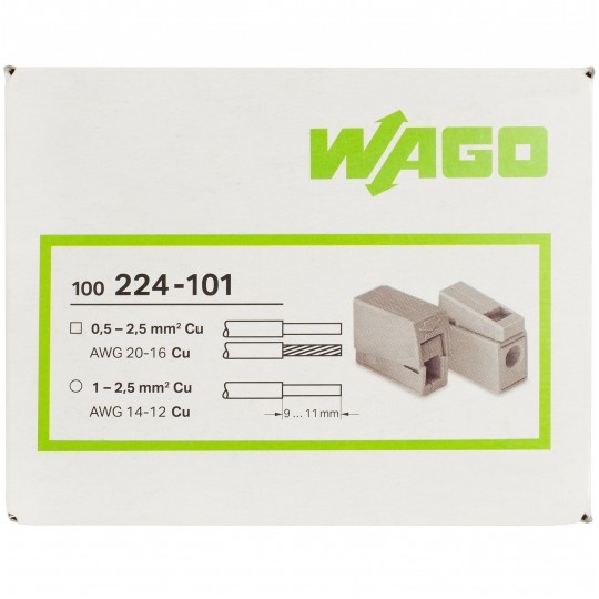 WAGO 224-101 Szybkozłączka przelotowa 2x 1,0-2,5mm2 uniwersalna (na drut / na linkę) 400V/24A ORYGINALNA 100szt.