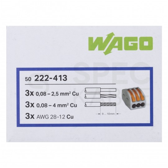 WAGO CLASSIC 222-413 Szybkozłączka 3x 0,08-4,0mm2 uniwersalna (na drut / na linkę) 400V/32A ORYGINALNA 50szt.
