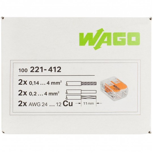 WAGO COMPACT 221-412 Szybkozłączka 2x 0,2-4,0mm2 uniwersalna (na drut / na linkę) 450V/32A ORYGINALNA 100szt.