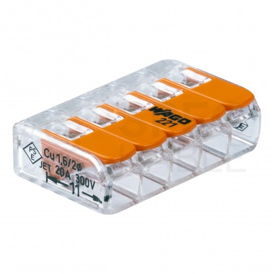 WAGO COMPACT 221-415 Szybkozłączka 5x 0,2-4,0mm2 uniwersalna (na drut / na linkę) 450V/32A ORYGINALNA woreczek 10szt.