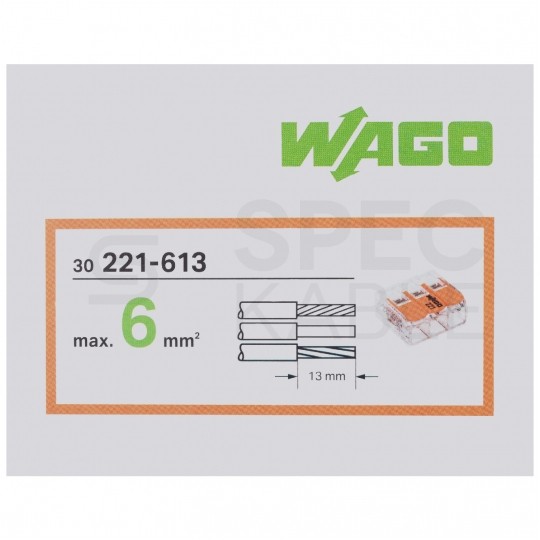 WAGO COMPACT 221-613 Szybkozłączka 3x 0,5-6,0mm2 uniwersalna (na drut / na linkę) 450V/41A ORYGINALNA 30szt.