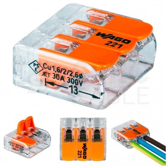 WAGO COMPACT 221-613 Szybkozłączka 3x 0,5-6,0mm2 uniwersalna (na drut / na linkę) 450V/41A ORYGINALNA woreczek 10szt.