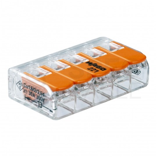 WAGO COMPACT 221-615 Szybkozłączka 5x 0,5-6,0mm2 uniwersalna (na drut / na linkę) 450V/41A ORYGINALNA 15szt.