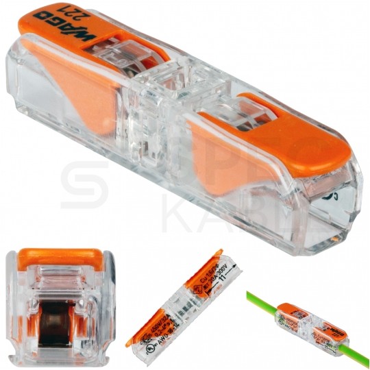 WAGO INLINE 221-2411 Szybkozłączka przelotowa 2x 0,2-4,0mm2 uniwersalna (na drut / na linkę) 450V/32A ORYGINALNA woreczek 10szt.