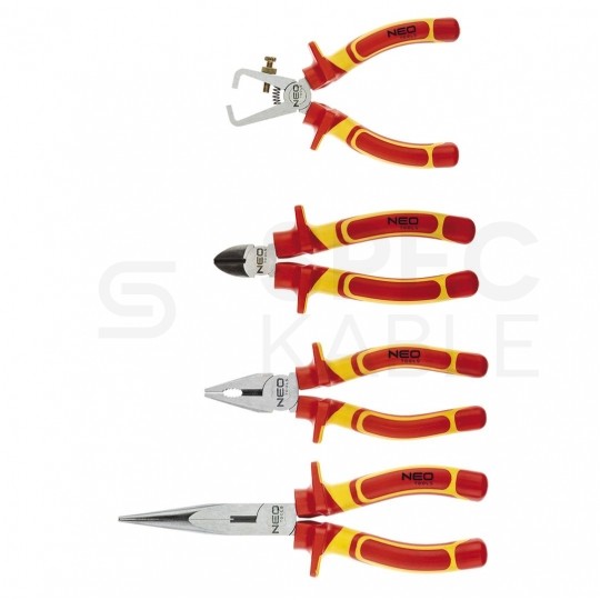 Walizkowy zestaw narzędzi izolowanych dla elektryka 4 sztuki: kombinerki, szczypce boczne, półokrągłe, do ściągania izolacji VDE 1kV NEO 01-236