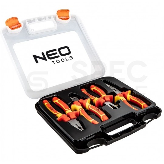 Walizkowy zestaw narzędzi izolowanych dla elektryka 4 sztuki: kombinerki, szczypce boczne, półokrągłe, do ściągania izolacji VDE 1kV NEO 01-236