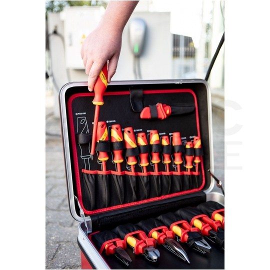 Walizkowy zestaw narzędzi izolowanych dla elektryka 51 elementów: szczypce, wkrętaki, nasadki, klucze, znaki; do serwisowania aut elektrycznych / hybrydowych NEO 01-312