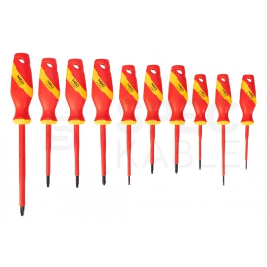 Walizkowy zestaw narzędzi izolowanych dla elektryka 51 elementów: szczypce, wkrętaki, nasadki, klucze, znaki; do serwisowania aut elektrycznych / hybrydowych NEO 01-312