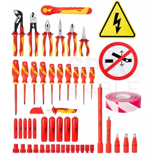 Walizkowy zestaw narzędzi izolowanych dla elektryka 51 elementów: szczypce, wkrętaki, nasadki, klucze, znaki; do serwisowania aut elektrycznych / hybrydowych NEO 01-312