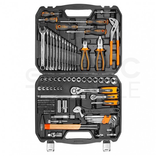 Walizkowy zestaw narzędzi uniwersalnych 143 elementy: wkrętaki, nasadki, chwytak, młotek, klucz nastawny, szczypce + walizka NEO 08-945