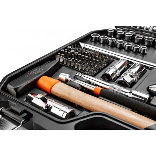Walizkowy zestaw narzędzi uniwersalnych 143 elementy: wkrętaki, nasadki, chwytak, młotek, klucz nastawny, szczypce + walizka NEO 08-945