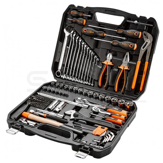 Walizkowy zestaw narzędzi uniwersalnych 143 elementy: wkrętaki, nasadki, chwytak, młotek, klucz nastawny, szczypce + walizka NEO 08-945