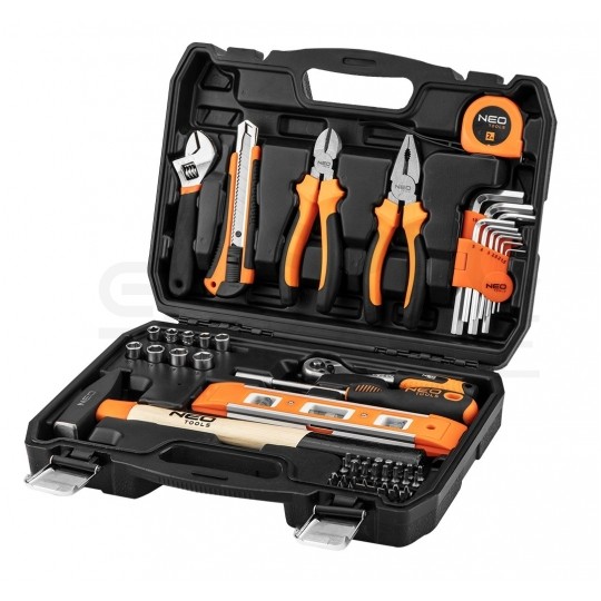 Walizkowy zestaw narzędzi uniwersalnych 60 elementów: uchwyty, szczypce, bity, młotek, miarka + walizka NEO 10-200