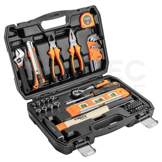 Walizkowy zestaw narzędzi uniwersalnych 60 elementów: uchwyty, szczypce, bity, młotek, miarka + walizka NEO 10-200