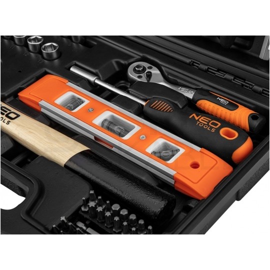 Walizkowy zestaw narzędzi uniwersalnych 60 elementów: uchwyty, szczypce, bity, młotek, miarka + walizka NEO 10-200