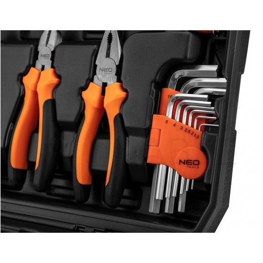 Walizkowy zestaw narzędzi uniwersalnych 60 elementów: uchwyty, szczypce, bity, młotek, miarka + walizka NEO 10-200