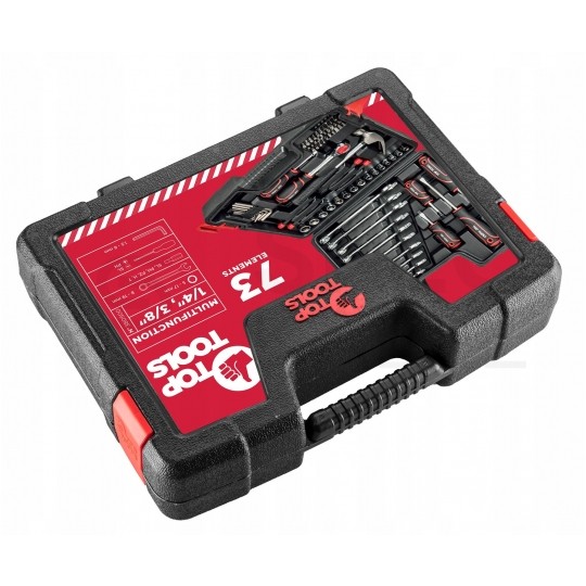 Walizkowy zestaw narzędzi warsztatowych 73 elementy: klucze, wkrętaki, nasadki, uchwyty + walizka TOP TOOLS