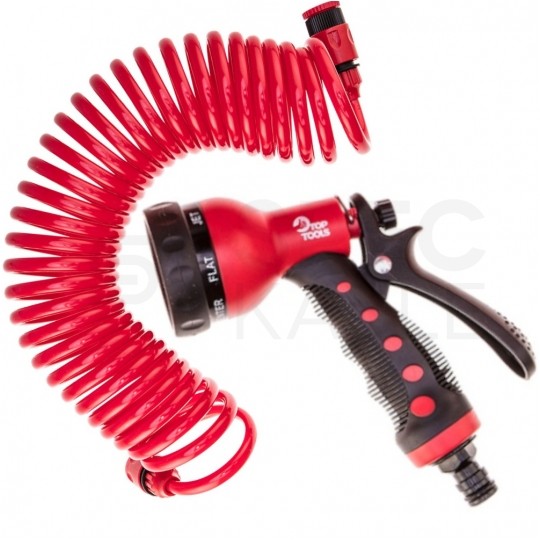 Wąż ogrodowy spiralny 1/2" do 3/4" gumowy czerwony 15m + zraszacz pistoletowy wielofunkcyjny Top Tools