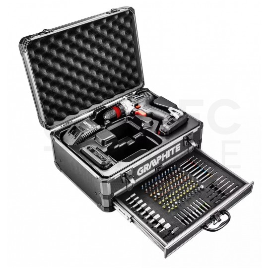 Wiertarko-wkrętarka akumulatorowa 18V Li-Ion z uchwytem samozaciskowym 10mm, 2x Akumulator 2.0Ah, 1x Ładowarka w walizce wraz z 109 elementami ENERGY+ GRAPHITE 58G022-PS15