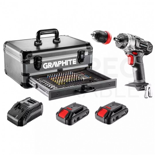 Wiertarko-wkrętarka akumulatorowa 18V Li-Ion z uchwytem samozaciskowym 10mm, 2x Akumulator 2.0Ah, 1x Ładowarka w walizce wraz z 109 elementami ENERGY+ GRAPHITE 58G022-PS15