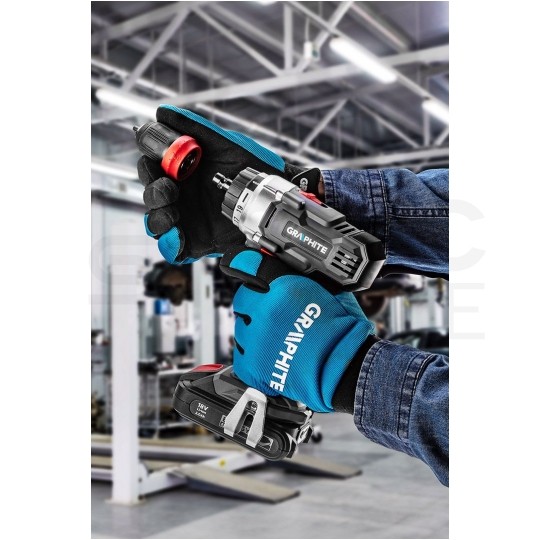 Wiertarko-wkrętarka akumulatorowa 18V Li-Ion z uchwytem samozaciskowym 10mm, adapterem kątowym oraz adapterem krawędziowym bez akumulatora ENERGY+ GRAPHITE 58G022-AD