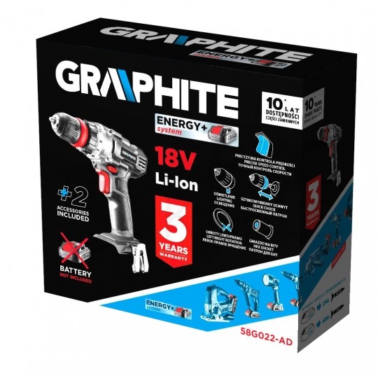Wiertarko-wkrętarka akumulatorowa 18V Li-Ion z uchwytem samozaciskowym 10mm, adapterem kątowym oraz adapterem krawędziowym bez akumulatora ENERGY+ GRAPHITE 58G022-AD