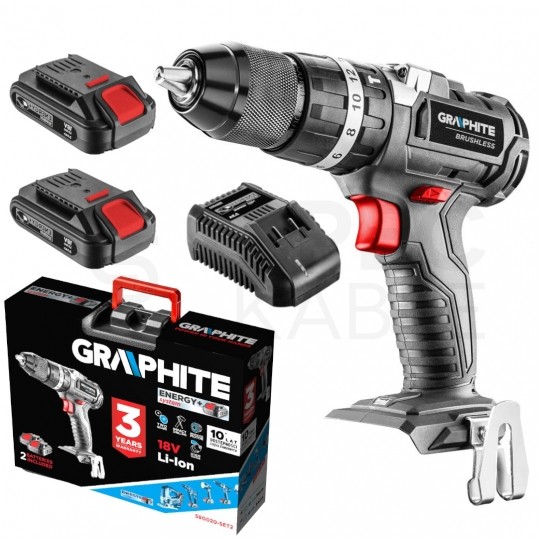 Wiertarko-wkrętarka akumulatorowa 18V Li-Ion z uchwytem samozaciskowym 13mm, 2x Akumulator 2.0 Ah,1x Ładowarka w walizce ENERGY+ GRAPHITE 58G020-SET2