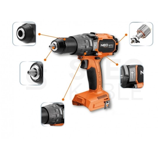 Wiertarko-wkrętarka udarowa akumulatorowa 18V Li-Ion bezszczotkowa z uchwytem samozaciskowym 13mm bez akumulatora ENERGY+ NEO 04-616