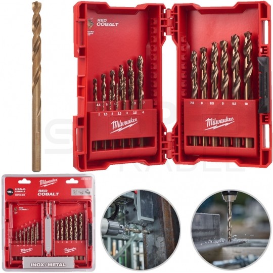 Wiertła do metalu HSS-G kobaltowe walcowane 1-10mm Zestaw 19szt RED COBALT MILWAUKEE