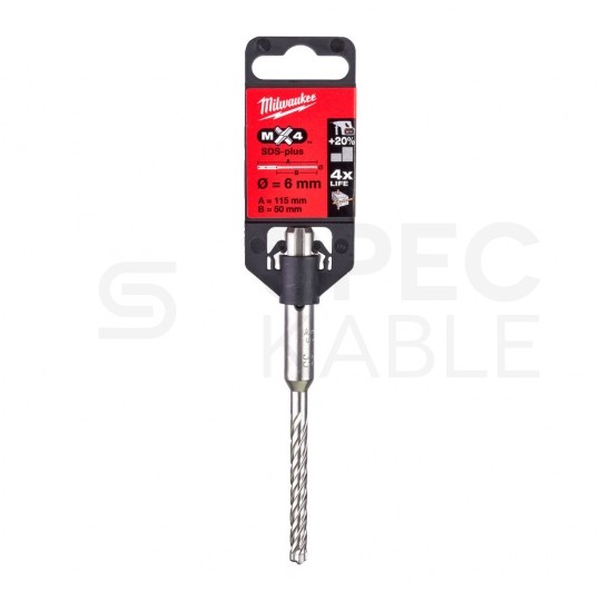 Wiertło do betonu zbrojonego SDS-Plus 6x115mm MX4 z uchwytem SDS+ i końcówką centrującą MILWAUKEE