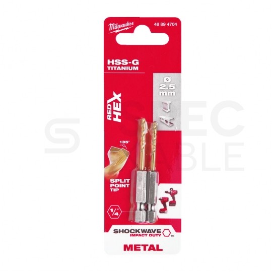 Wiertło do metalu HSS-G TIN 2,5x62mm RED HEX z uchwytem 1/4" Shockwave MILWAUKEE Blister 2szt