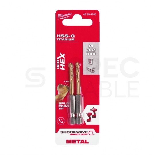 Wiertło do metalu HSS-G TIN 3,2x66,5mm RED HEX z uchwytem 1/4" Shockwave MILWAUKEE Blister 2szt