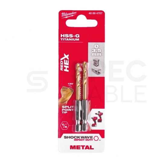 Wiertło do metalu HSS-G TIN 3,5x69mm RED HEX z uchwytem 1/4" Shockwave MILWAUKEE Blister 2szt