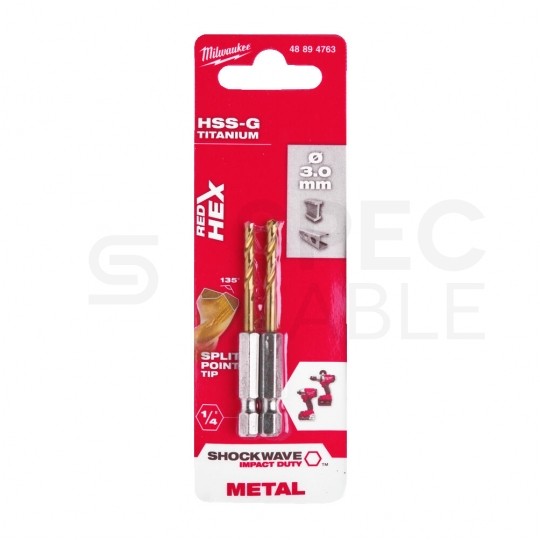 Wiertło do metalu HSS-G TIN 3x65mm RED HEX z uchwytem 1/4" Shockwave MILWAUKEE Blister 2szt