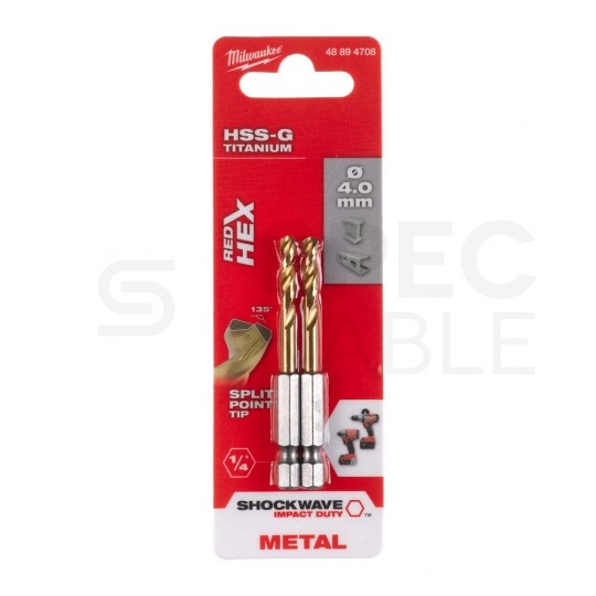 Wiertło do metalu HSS-G TIN 4x71,5mm RED HEX z uchwytem 1/4" Shockwave MILWAUKEE Blister 2szt