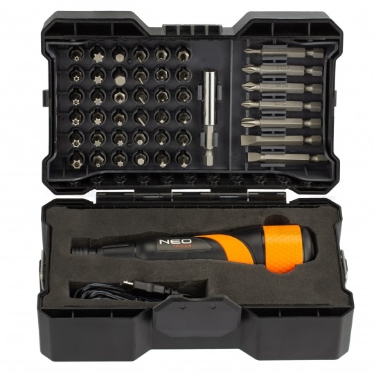 Wkrętak akumulatorowy Micro-USB 3,6V Li-Ion 2.1Nm 280rpm + komplet bitów + etui NEO 04-200
