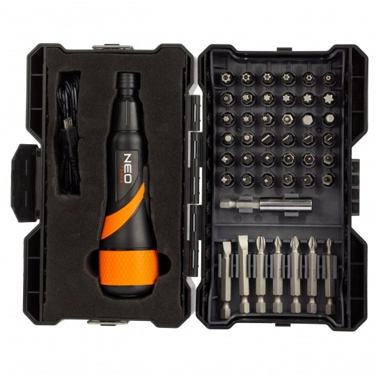 Wkrętak akumulatorowy Micro-USB 3,6V Li-Ion 2.1Nm 280rpm + komplet bitów + etui NEO 04-200