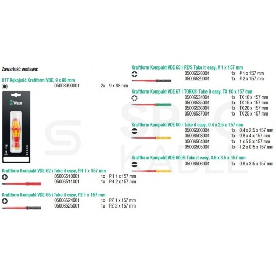 Wkrętaki izolowane 1kV dla elektryka 2 rękojeści + 15 trzpieni 5xPŁ + 2xPH + 2xPZ + 2xPZ/S + 4xTX + próbnik Wera Kompakt VDE Universal z systemem Take it easy zestaw 17 elementów