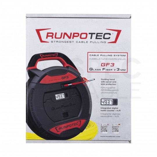 Włókno szklane do wciągania, przeciągania kabli pod drogami, między studzienkami w kasecie z cyfrowym licznikiem fi: 3mm 30m w zestawie z 16 akcesoriami RUNPOTEC