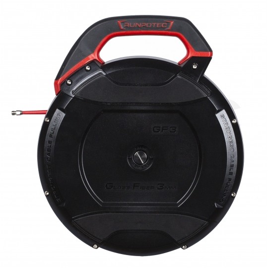 Włókno szklane do wciągania, przeciągania kabli pod drogami, między studzienkami w kasecie z cyfrowym licznikiem fi: 3mm 30m w zestawie z 16 akcesoriami RUNPOTEC