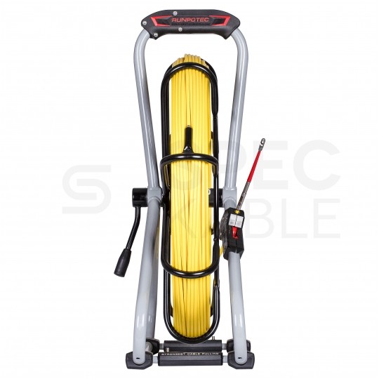 Włókno szklane do wciągania, przeciągania kabli pod drogami, między studzienkami z hamulcem i rolkami fi: 6mm (+/- 1mm) 50m Komplet ze stojakiem RUNPOTEC